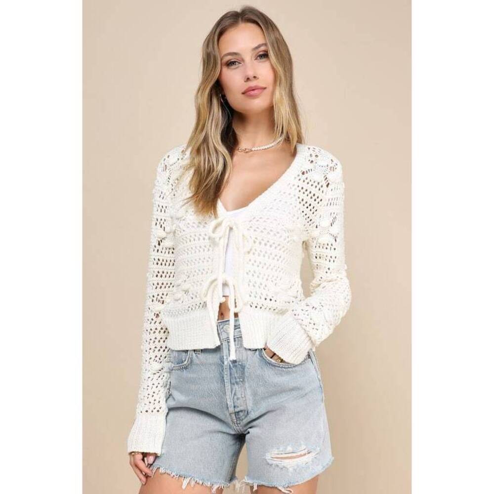 Lulus Perfect Direction Ivory Crochet Tie-front Cardigan Sweater White